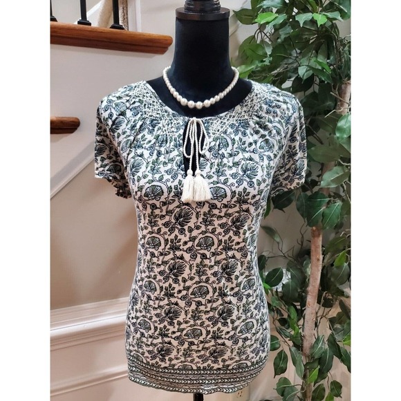 Lucky Brand White Floral Tassel Ties Round Neck Short Sleeve Top Blouse S/P - Picture 1 of 13